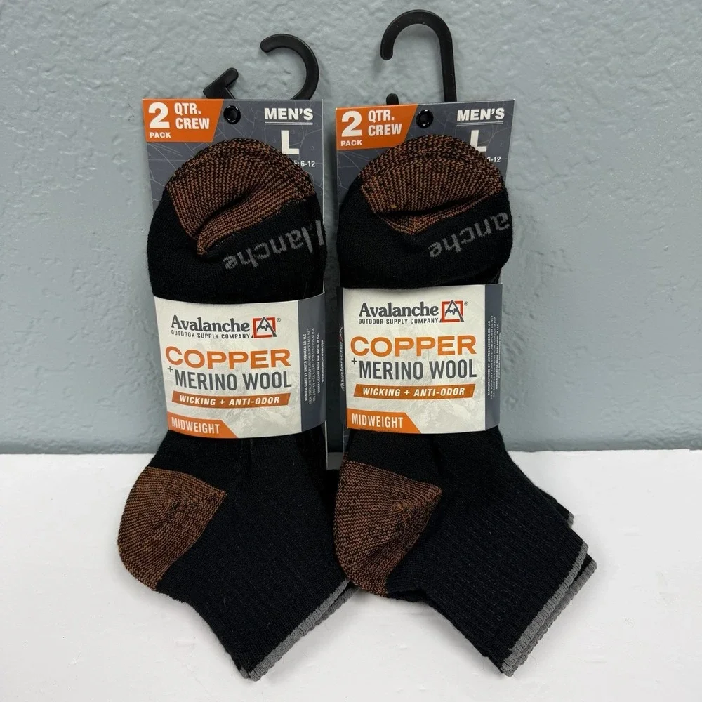 Avalanche Merino Wool Copper Men's‎ Quarter Crew Socks L 6-12 Lot of 4 Pairs